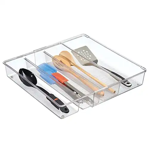 mDesign Plastic Adjustable/Expandable Divided Drawer Storage Organizer with 4 Compartments for Kitchen Pantry, Cupboard, Cabinet, Hold Silverware, Utensils, Cutlery - Ligne Collection - Clear