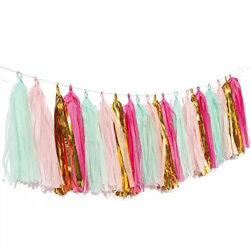 20pcs Tassel Garland Party Decor，Tassel Banner Tissue Paper DIY Decorations for Wedding Baby Shower Birthday Event Party Garland Decor (Gold Mint Rose Red Pink)