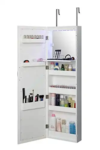 Abington Lane Over The Door Makeup Organizer - Beauty Armoire with LED Lights and Stowaway Mirror for Makeup Storage - Elegant White Finish - (Includes Wall Mounted Option)