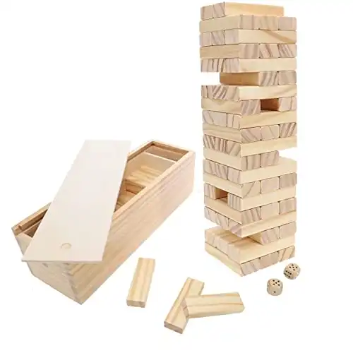 WE Games Wooden Block Stacking Tower, Block Party Stacking and Tumble Game, Party Game for Adults, Tumble Tower Wedding Guest Book Alternative, Tabletop Games, Includes Storage Case, 12 inches