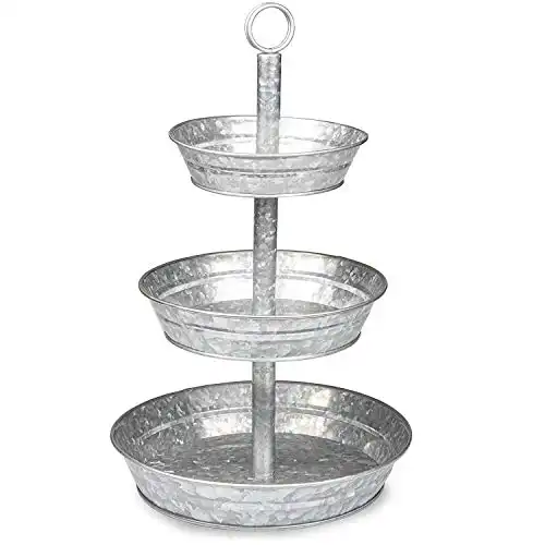 Ilyapa Galvanized Three Tiered Serving Stand - 3 Tier Metal Tray Platter for Cake, Dessert, Appetizers & More
