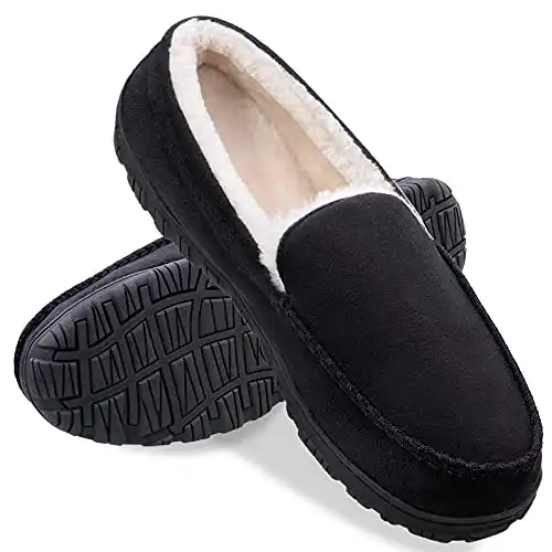 shoeslocker Mens Slippers Size 12 Moccasins for Men Indoor Outdoor Slippers Black