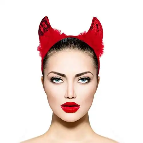 LUX ACCESSORIES Halloween Festive Red Faux Fur Sequin Devil Horn Ears Cosplay Party Costume Headband