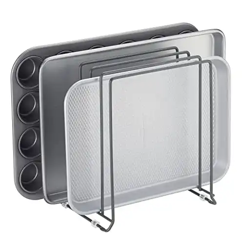 mDesign X-Large Steel Storage Tray Organizer Rack for Kitchen Cabinet - Divided Holder with 5 Slots for Skillets, Frying Pan, Pot Lids, Cutting Board, Baking Sheets - Concerto Collection - Dark Gray 7...
