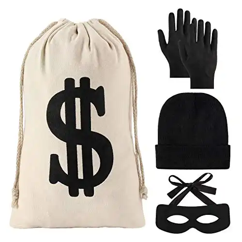 YAROMO 4 Pieces Robber Costume Set, Include Canvas Dollar Sign Money Bags Bandit Eye Mask Knit Beanie Cap for Halloween Cosplay Burglar Theme Party