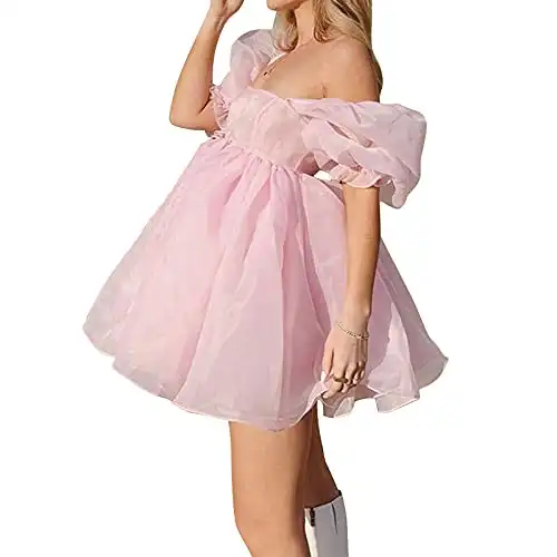 Pejihota Womens Off-Shoulder Ruffled Fluffy Short-Sleeved Mesh Party Mini Princess Dress (S, Pink)