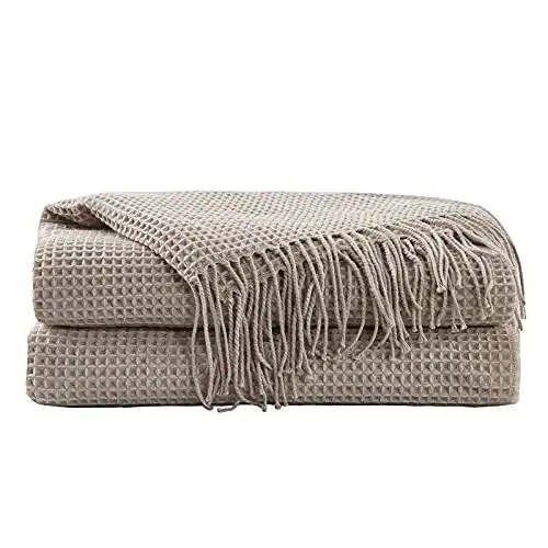 Hansleep Throw Blanket for Couch Sofa Bed Chairs, Soft Fuzzy Knit Blanket with Decorative Tassels (Khaki, 50 x 60 Inches)