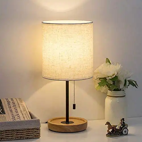 HAITRAL Bedside Table Lamp - Modern Nightstand Lamp with Linen Fabric Shade Wooden Desk Lamps for Bedrooms, Office, College Dorm, Dinning Room, Girls Room - 16 Inches (HT-AD005)