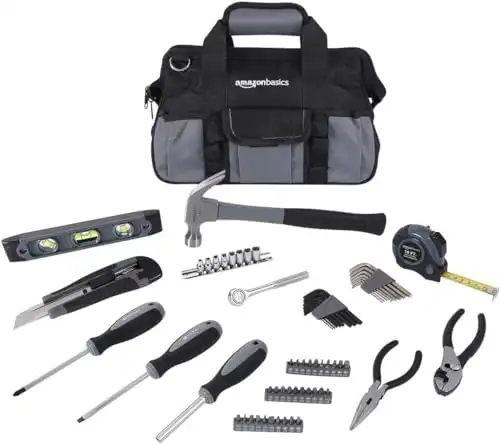 Amazon Basics 65 Piece Home Basic Repair Tool Kit Set With Bag, Silver, Black