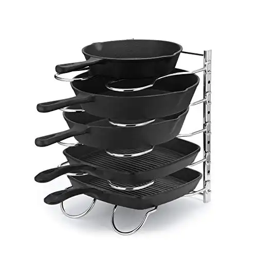 CAXXA Metal Heavy Duty Pan Rack, Pot Lid Rack, Kitchen Cabinet Pantry Cookware Organizer Rack Holder | 5 Adjustable Dividers, 12.8 x 10.4 x 8.9 INCH, Chrome