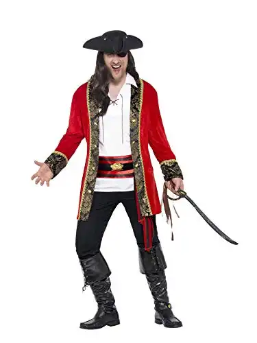 Smiffys Mens Curves Pirate Captain Costume, Red, XXL - US Size 50"-52"