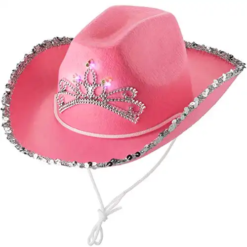 Light-Up Pink Kids Cowgirl Hat - (Pack of 2) Little Child Blinking Cowgirl Hats with Tiara and Neck Drawstring - Felt Cowboy Costume Accessories for Small Kids Party Hat and Play Dress-Up