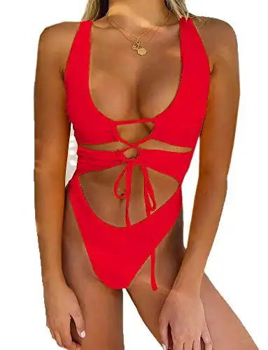 CHYRII Women's Sexy Cutout Lace Up Backless High Cut One Piece Swimsuit Monokini Red L