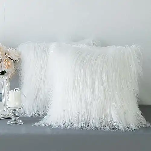 AerWo Fur Throw Pillows Fluffy Pillow Covers, Set of 2 Faux Plush Cushion New Luxury Series Merino Style Decorative Pillows Case for Couch Bed Living Room Car Chair, 18" x 18" (Off-White)