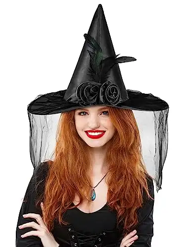 Landisun Halloween Women Witch Hat witches hats for women Black Witch Hat Adult Wicked One Side Veils (Half Veil) Costume Cosplay Party Girl