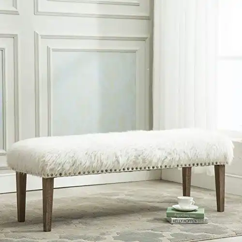 Awonde White Faux Fur Bench Modern Upholstered Ottoman Bench for Bedroom Living Room Entryway Accent Bench with Wood Legs