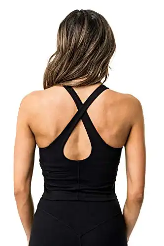 Kamo Fitness Ellyn High Neck Tank Top Sports Bra for Women Soft Padded Built-in Bra Longline Yoga Running Workout (Black, L)