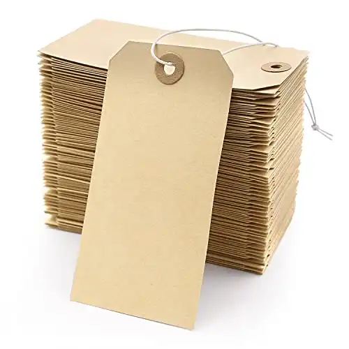 Blank Manila Shipping Tags with Elastic String - Coideal 120 PCS Strung Cardstock Paper Tags Attached Reinforced Hole, 4 3/4" x 2 3/8"