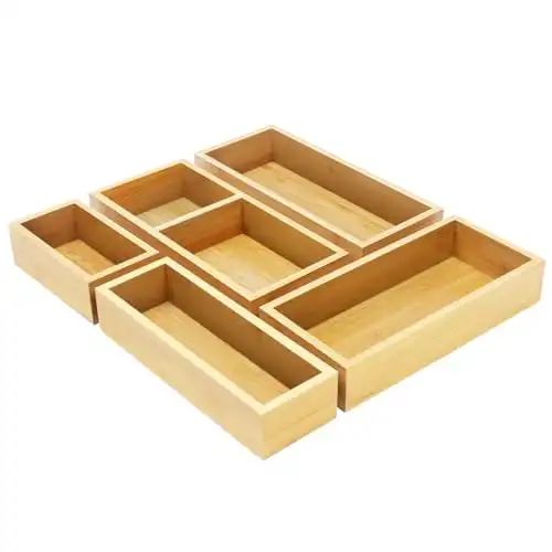Bamboo Drawer Organizer Box Set, 5 PCS Multi-Use Individual Wood Storage Containers, Drawer Divider Organizers and Storage Trays for Kitchen, Bathroom, Office Desk, Craft, Makeup, Jewelry, Utensils
