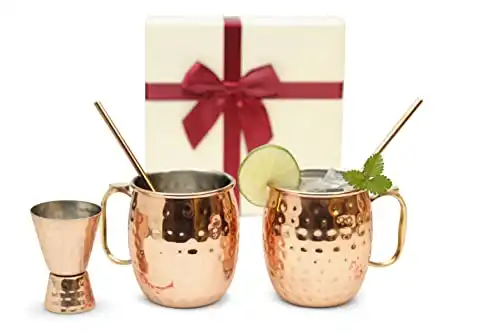 Kitchen Science [Gift Set] Moscow Mule Mugs, Stainless Steel Lined Copper Moscow Mule Cups Set of 2 (18oz) w/Straws & Jigger. | Tarnish-Resistant Stainless Steel Interior (Set of 2)