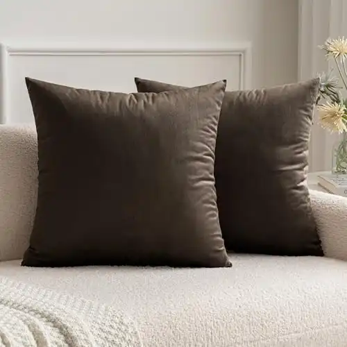 MIULEE Pack of 2 Dark Coffee Velvet Throw Pillow Covers 24x24 Inch Soft Solid Decorative Square Set Cushion Cases for Couch Sofa Bedroom