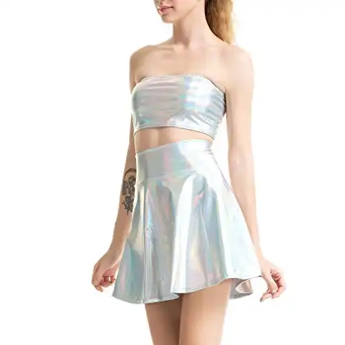 Women's Metallic Shiny Off Shoulder Crop Top + Mini Dress 2 Piece Outfit Set