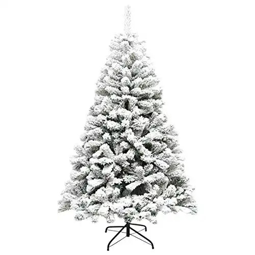 Super Holiday 7.5ft Snow Flocked Hinged Artificial Pine Christmas Tree Holiday Decoration with Solid Metal Stand, Xmas Full Tree for Indoor and Outdoor(7.5ft/Snow)