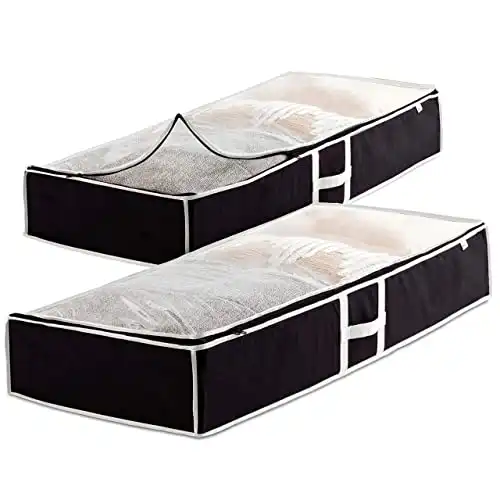 Zober Under Bed Storage - Pack of 2 Under Bed Storage Containers for Clothes, Blankets, Winter Clothing, & Shoes - Under The Bed Storage with Handles, Dual Zippers, & Clear Top (Black)