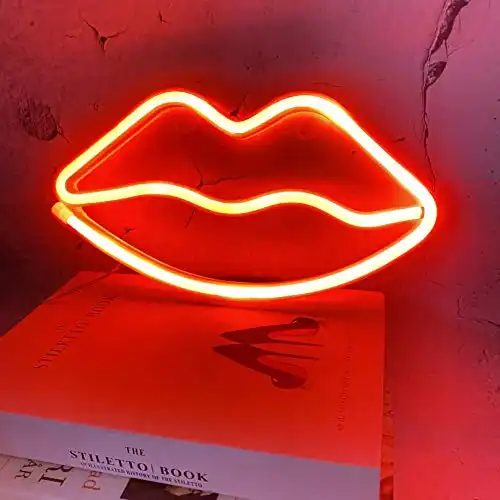Red Lip Light Neon Signs Neon Lights for Wall Decor, USB or Battery Power for Bedroom, Decorative Neon Lighting Kiss Sign for Christmas, Birthday, Party, Living Room, Girls, Women Room