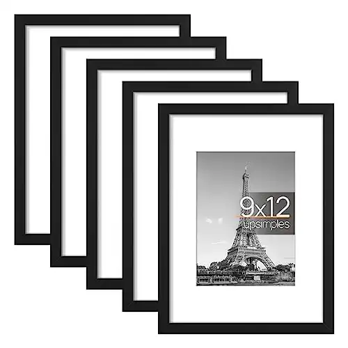 upsimples 9x12 Picture Frame Set of 5, Display Pictures 6x8 with Mat or 9x12 Without Mat, Wall Gallery Photo Frames, Black