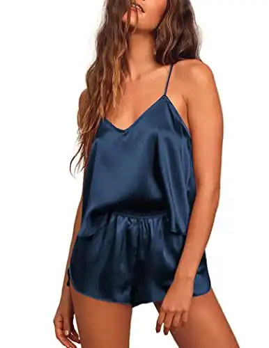 Ekouaer Womens Low Back Satin Pajamas Silky Sleeveless Soft Sleepwear Lingerie Navy Blue Small