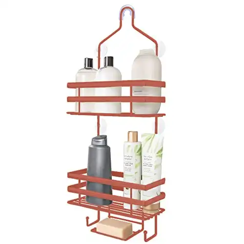 Gorilla Grip Anti-Swing Oversized Shower Caddy, Rust Resistant Organizer, Holds 11 lbs, Strong Suction Cups, Hooks, Easy Hanging Bathtub Shampoo and Accessories Caddies for Showerhead, 3 Shelf, Coral