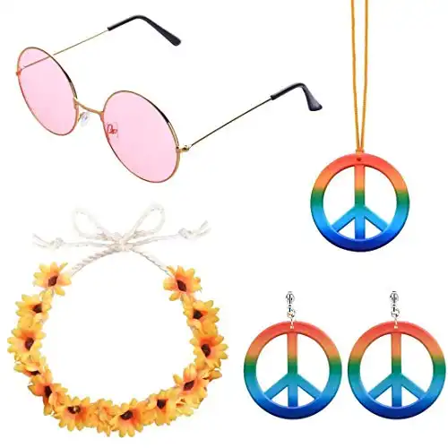 ABOAT 4 Pieces Hippie Costume Set Rainbow Peace Sign Necklace and Earrings, Flower Crown Headband and Hippie Sunglasses