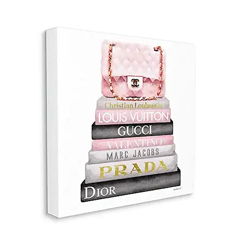 The Stupell Home Decor Collection Watercolor High Fashion Bookstack Padded Pink Bag Stretched Canvas Wall Art, 17 x 17, Living Room