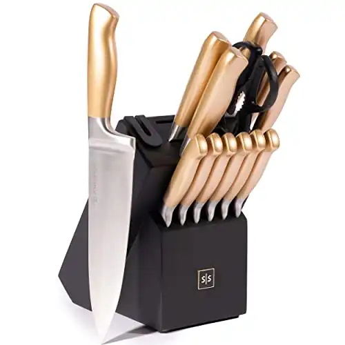 Gold Knife Set with Block - 14 Piece Black and Gold Knife Set with Sharpener includes Full Tang Gold Knives and Self Sharpening Knife Block Set, Black & Gold Kitchen Accessories