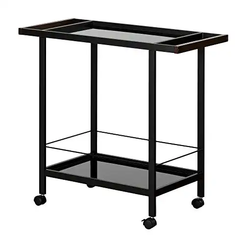 South Shore Metal Bar Cart on Wheels with Glass Shelves, Black Tempered Glass