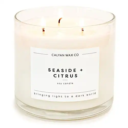 Calyan Wax Scented Candle, Seaside & Citrus, 3 Wick Candle for The Home Scented with Lemon & Cedarwood, 14.9 oz Soy Wax Candle with 43 Hour Burn Time, Non Toxic Large Candle in Glass Jar, Cand...