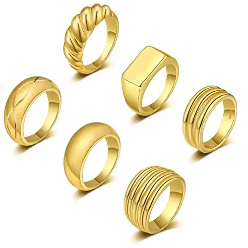 6PCS 18K Gold Plated Thick Dome Chunky Rings for Women Girls Braided Twisted Signet Chunky Gold Ring Set Minimalist Statement Ring Jewelry Size 5-9