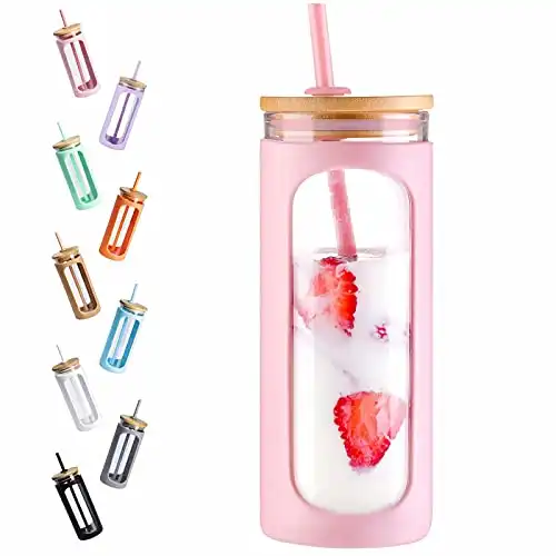 Kodrine 20oz Glass Water Tumble with Straw and Lid,Bamboo Lids Water Bottle, Iced Coffee Cup Reusable, Wide Mouth Smoothie Cups, Straw Silicone Protective Sleeve BPA FREE-Pink