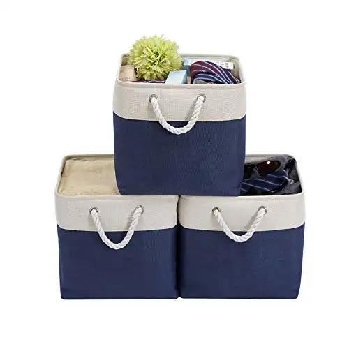 DECOMOMO Cube Storage Organizer Bins | Box Storage Cube Basket with Handles Fabric Cloth Bins for Organizing Shelf Nursery Home Closet (Navy Blue & White, 13 x 13 x 13 inch - 3 Pack)