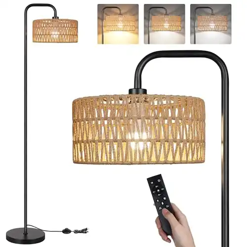 PARTPHONER Farmhouse Floor Lamp, 68”Tall Lamp for Living Room with Remote 3 Color Temperatures Boho Standing Lamp with Rattan Shades for Bedroom Study Room Office Hotel, Bulb Include