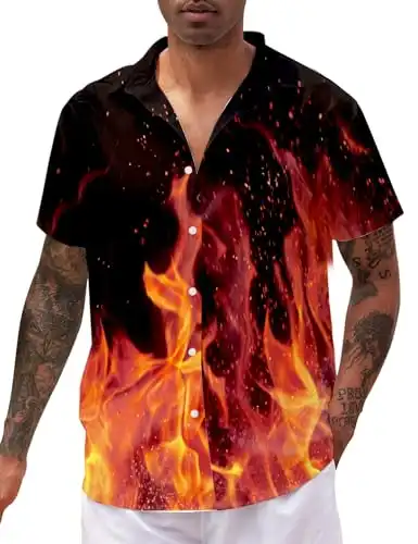 RAISEVERN Men's Hawaiian Shirt Fire Smoke Flame Print Tropical Beach Shirt Casual Button Down Short Sleeve Dress Shirt