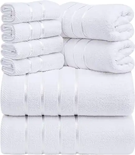 Utopia Towels 8-Piece Luxury Towel Set, 2 Bath Towels, 2 Hand Towels, and 4 Wash Cloths, 600 GSM Ring Spun Cotton Highly Absorbent Viscose Stripe Towels Ideal for Everyday use (White)