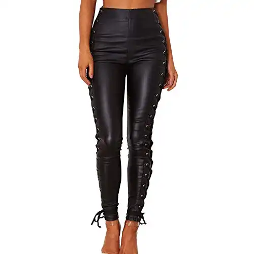 Olinase Skinny Faux Leather Pants Women's Lace up High Waist Stretch Tapered Trousers (Black, US 6-8)