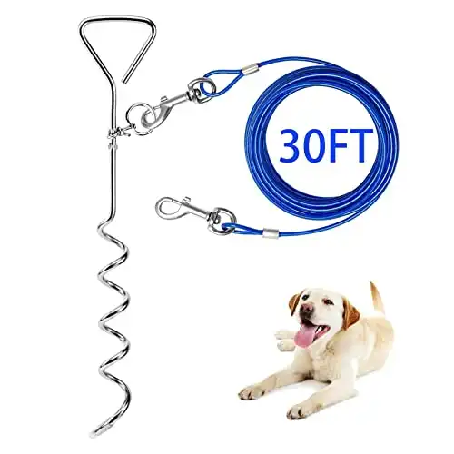 Dog Tie Out Cable and Anti Rust Spiral Stake , 30ft Outside Leash&Chain for Camping and Yard, 16'' Heavy Duty for Medium-Large Dogs Up to 125 lbs (30FT, Blue)