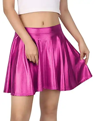 HDE Women's Solid Color Metallic Flared Pleated Club Skater Skirt Hot Pink - S