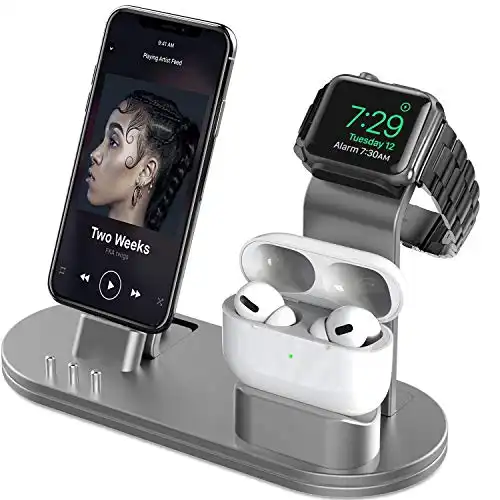 OLEBR Charging Stand Compatible with AirPods, iWatch Series 6/7/SE/5/4/3/2/1,Phone Series 13/12/12 Pro/Max/11/11 Pro/Max/Xs/X Max/XR/X/8/8Plus/7/7 P/6S/6S P(Original Cable Required) Space Grey