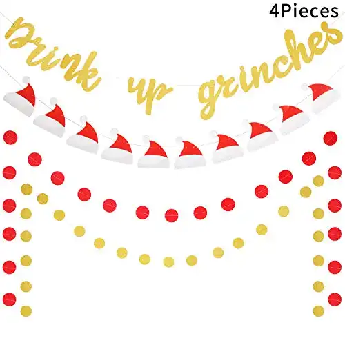 4 Pieces Christmas Banners Including Drink Up Grinches Banner, Circle Dots Banners, Christmas Hat Banner for Christmas Party Decorations