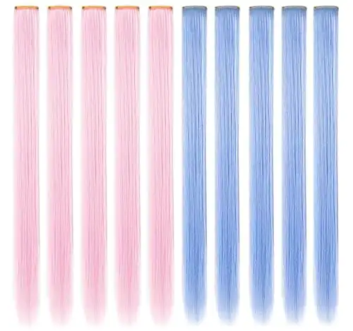 FYHTSD 10PCS Light Blue&Light Pink Colored Hair Extension Clip in Colorful Hairpieces Princess Party Highlight Multiple Wig Pieces for Teens/Girls/Women