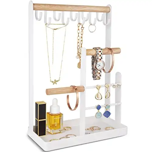 ProCase Jewelry Organizer Jewelry Stand Jewelry Holder Organizer, 4-Tier Necklace Organizer with Ring Tray, Small Cute Aesthetic Jewelry Tower Storage Rack Tree for Bracelets Earrings Rings -White